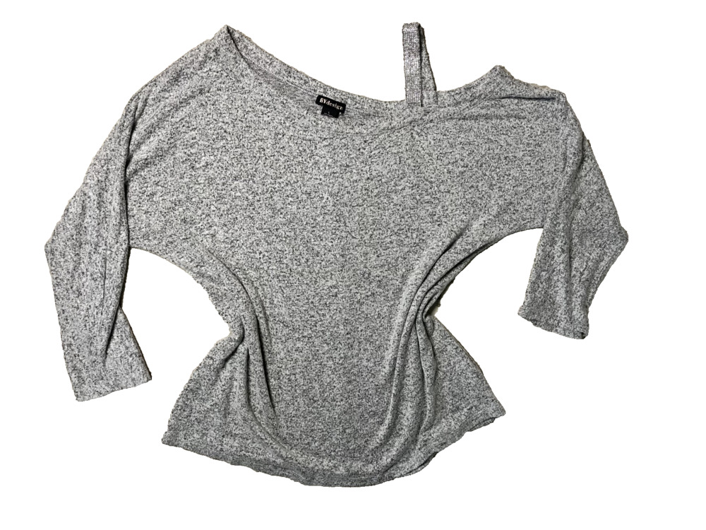 Womens BYDesign Size Large Grey Off Shoulder Glittered Cold Shoulder Long Sleeve